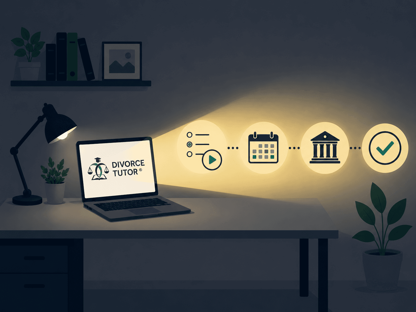 A laptop running Divorce Tutor lights a path of steps ahead: guided questions and video lessons, key dates, the courthouse, and a completed case