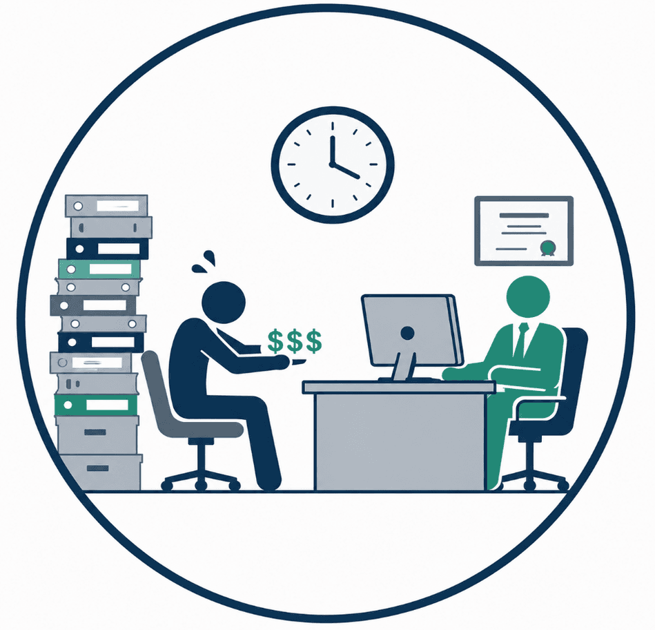 A person overwhelmed by paperwork and legal costs across the desk from an attorney