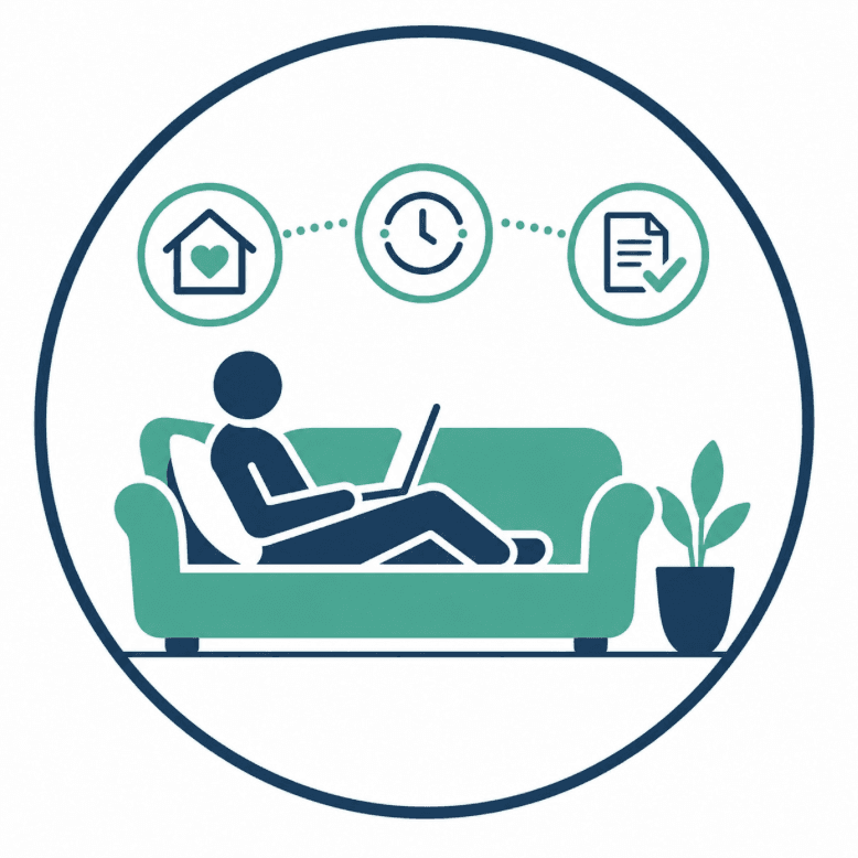 A person comfortably preparing court forms at home with guidance from Divorce Tutor