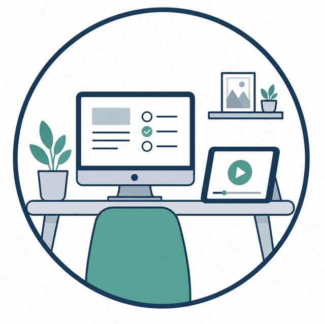 A calm, guided workspace: lessons and video walkthroughs at your own pace